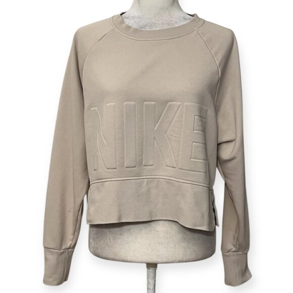 Nike Dri-FIT Sweatshirt Women’s Small Beige Crewneck Embossed NIKE Logo Croped - Picture 2 of 10